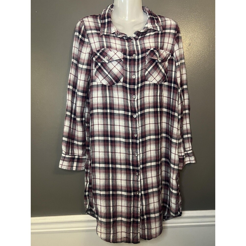 Indigo Thread Co Shirt Womens Medium Burgundy White Plaid Button Front Tunic - Picture 2 of 10